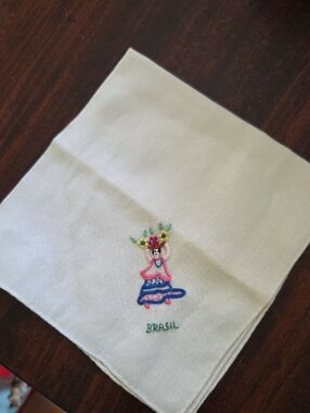 Embroidered Brazil Doll Kids Handkerchief - White